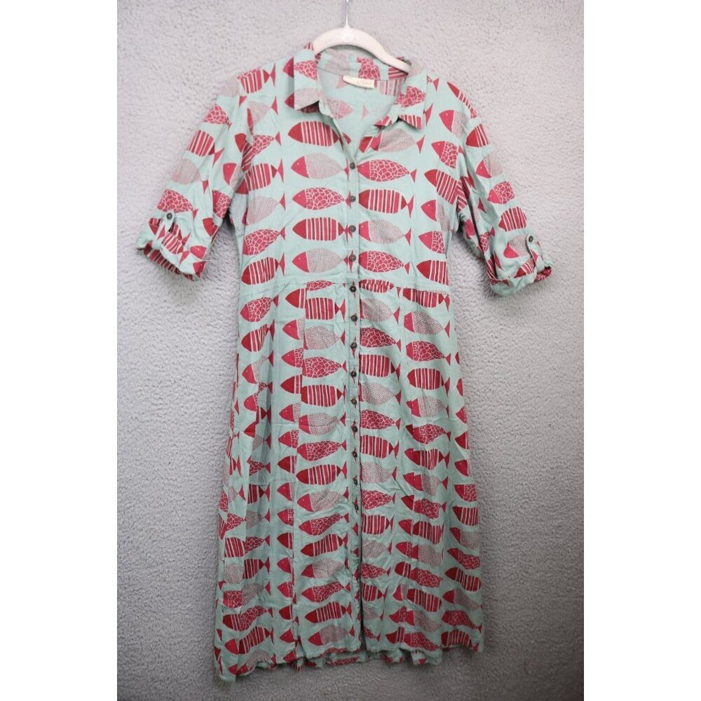 Bombay & Paisley 1/2 Sleeve Button-Up Shirt Dress-Medium-Fish-Whimsigoth